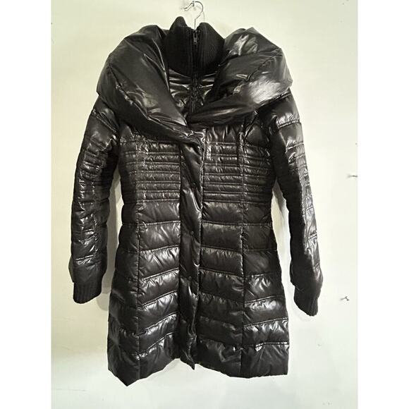 Moda international Puffer Jacket Black Women’s Size Small Long Winter Coat Shiny - Picture 4 of 15